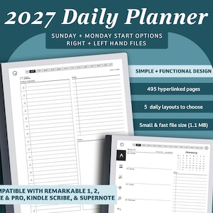 May include: A 2027 daily planner digital file set featuring 495 hyperlinked pages, five daily layout options, and Sunday or Monday start choices. The interface includes a schedule, tasks, and notes section, compatible with Remarkable and Kindle Scribe.
