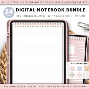 May include: A digital notebook bundle with 24 subjects, 72 hyperlinked pages, and 44 templates. The notebook has a pink cover with a coil binding and lined pages. The image shows 5 different color options for the notebook cover.