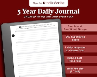 Journal quotidien de cinq ans pour Kindle Scribe, Journal d’une ligne par jour, Journal quotidien 365, Journal électronique à encre électronique de 5 ans, Journal de gratitude