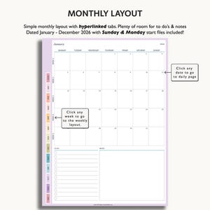 Puede incluir: Un calendario digital de dise&ntilde;o mensual para 2026, con un dise&ntilde;o sencillo y pesta&ntilde;as con hiperv&iacute;nculos. El calendario incluye espacio para tareas y notas. El texto de la imagen dice "MONTHLY LAYOUT" y "Click any week to go to the weekly layout."