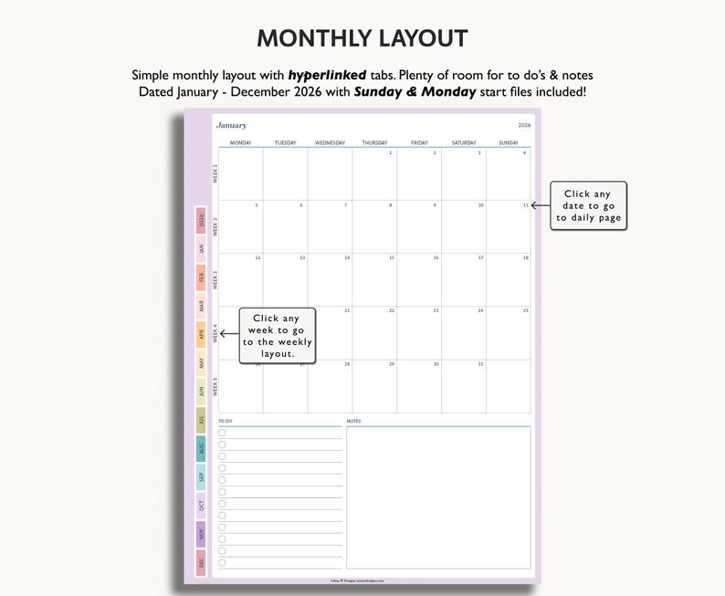 Puede incluir: Un calendario digital de dise&ntilde;o mensual para 2026, con un dise&ntilde;o sencillo y pesta&ntilde;as con hiperv&iacute;nculos. El calendario incluye espacio para tareas y notas. El texto de la imagen dice "MONTHLY LAYOUT" y "Click any week to go to the weekly layout."