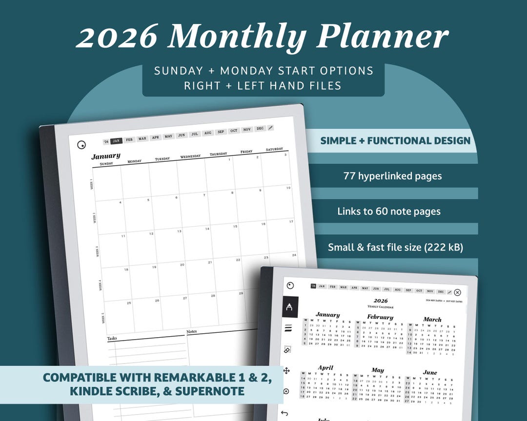 2026 Monthly Planner for Remarkable 2: Hyperlinked Digital Calendar ...