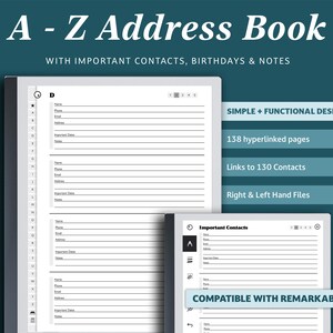 Digital Address Book For reMarkable 2: A-Z Contact List (PDF)