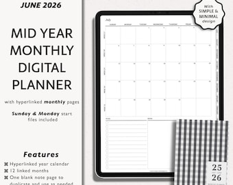 2025-2026 Mid-Year Monthly Digital Planner: Minimalist iPad Agenda (Digital Download)