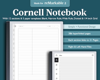 reMarkable Cornell Notebook, Notebook Bundle, Blank Notebook Lined Dotted Grid Notebook, Digital Notebook for E Ink Tablets, Hyperlinked PDF