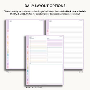 Puede incluir: Tres dise&ntilde;os de planificador: en blanco, con l&iacute;neas y un horario en blanco. Los dise&ntilde;os est&aacute;n en un marco morado claro con pesta&ntilde;as laterales coloridas. El texto en la parte superior dice "OPCIONES DE DISE&Ntilde;O DIARIO".