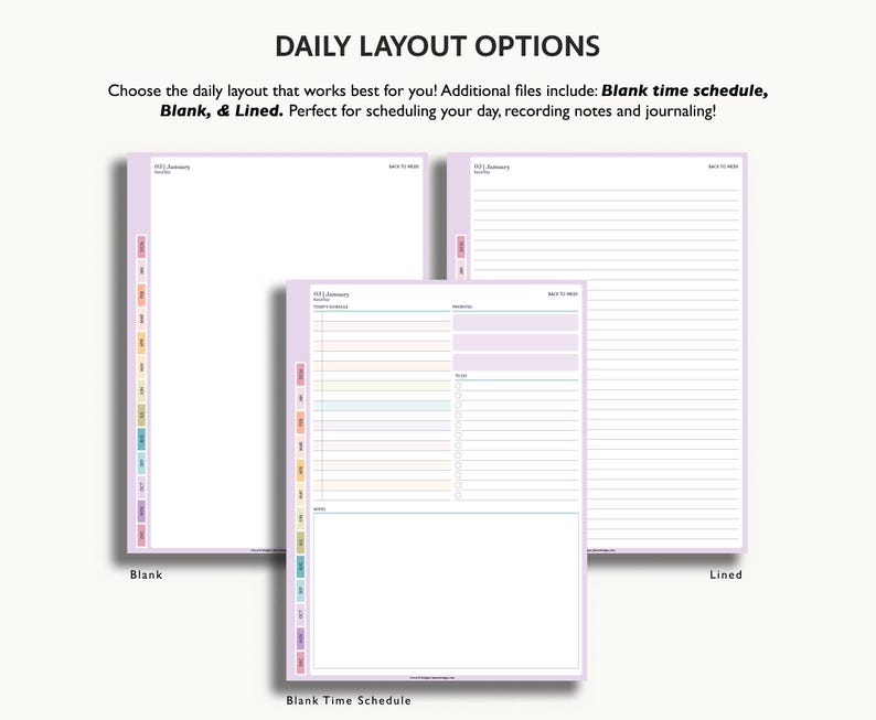Puede incluir: Tres dise&ntilde;os de planificador: en blanco, con l&iacute;neas y un horario en blanco. Los dise&ntilde;os est&aacute;n en un marco morado claro con pesta&ntilde;as laterales coloridas. El texto en la parte superior dice "OPCIONES DE DISE&Ntilde;O DIARIO".