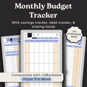 Pode incluir: Um rastreador de orçamento mensal digital exibido em três tablets. Os tablets mostram um layout de calendário com seções para economias, dívidas e fundos de amortização. O texto diz "Monthly Budget Tracker" e "Compatible with reMarkable Paper Pro Move".