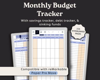 Op de afbeelding: Een digitale maandelijkse budgettracker weergegeven op drie tablets. De tablets tonen een kalenderindeling met secties voor sparen, schulden en afschrijvingsfondsen. De tekst luidt "Monthly Budget Tracker" en "Compatible with reMarkable Paper Pro Move".