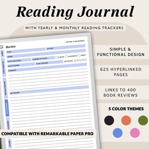 Diario di lettura digitale per reMarkable Paper Pro, diario di lettura E-Ink, modello di recensione di libri, registro di libri, modello di monitoraggio della lettura