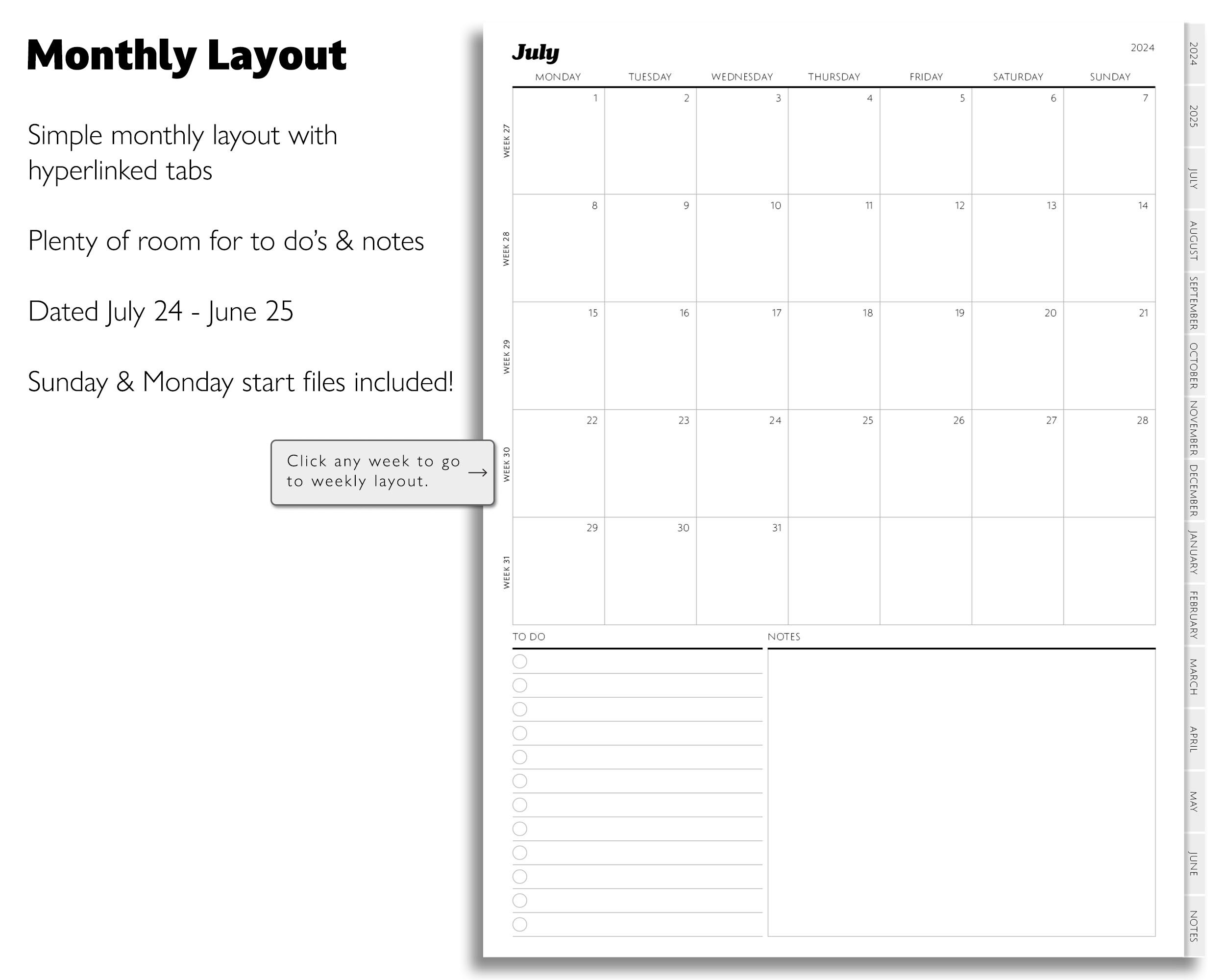 2024 2025 Simple Goodnotes Planner, Mid Year Digital Planner, Dated