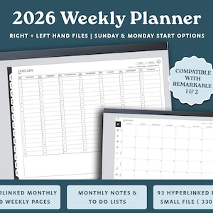 Könnte beinhalten: Ein digitaler Wochenplaner 2026 mit weißem Hintergrund und Kalenderlayout. Der Planer bietet Optionen für Dateien für Rechts- und Linkshänder sowie Startoptionen für Sonntag und Montag. Kompatibel mit Remarkable 1 & 2.