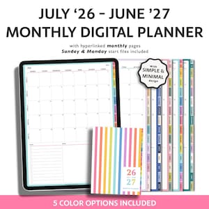 May include: A digital monthly planner for July 2026 through June 2027 featuring hyperlinked pages, Sunday and Monday start files, and five color options. The planner includes a simple design, a rainbow striped cover, and a monthly calendar layout.