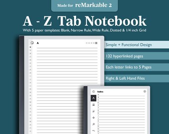 A-Z Alphabet Notebook for E-ink Tablets, Notebook with A to Z Hyperlinked Tabs, Address Contact Book, reMarkable Hyperlinked PDF Template