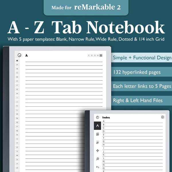 A-Z Alphabet Notebook for E-ink Tablets, Notebook with A to Z Hyperlinked Tabs, Address Contact Book, reMarkable Hyperlinked PDF Template