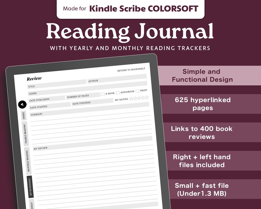 Reading Journal for Kindle Scribe Colorsoft: Book Review Template ...