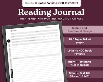 Op de afbeelding: Een digitaal leesdagboek voor Kindle Scribe, met een witte en grijze lay-out. Het bevat secties voor recensies, jaarlijkse en maandelijkse leestrackers. Het dagboek heeft 625 hyperlinks en links naar 400 boekrecensies.