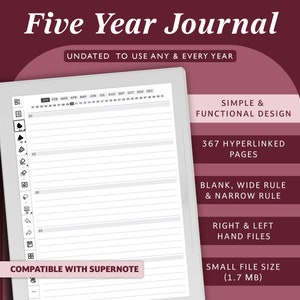Op de afbeelding: Een digitale planner voor een vijf jaar durend dagboek, compatibel met Supernote. De planner heeft een eenvoudig en functioneel ontwerp met 367 hyperlinks naar pagina's. Het bevat blanco, breed geregeerde en smal geregeerde pagina's. Het dagboek is niet gedateerd en kan voor elk jaar worden gebruikt. De bestandsgrootte is 1,7 MB.
