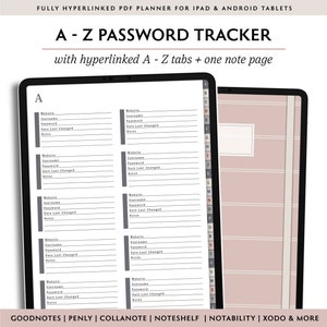 Simple Digital Password Tracker, Alphabet Password Journal, Goodnotes A-Z Tab Website Login Notebook, for iPad and Android