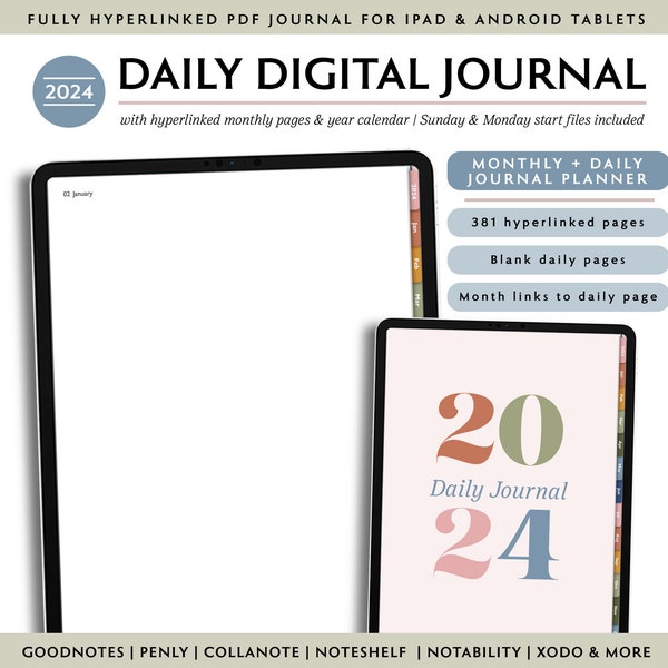 2024 Daily Digital Journal with Blank Page, Goodnotes Dated Journal, Simple Hyperlinked Journal, iPad Notebook, Day a Page, Digital Diary