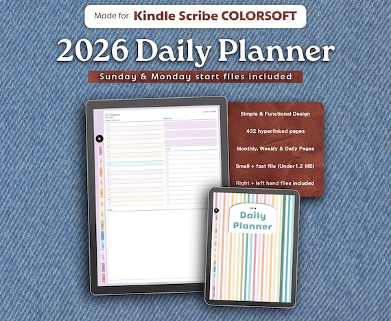 2026 Daily Planner for Kindle Scribe Colorsoft : Minimalist Hyperlinked Month Week Day Agenda