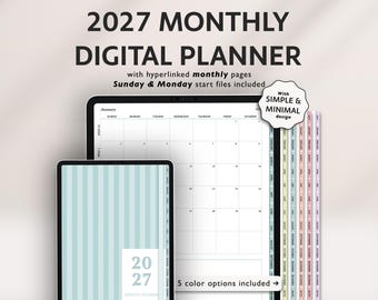 2027 Minimal Monthly Only Digital Planner for GoodNotes iPad: Pastel Tabs (PDF Download)