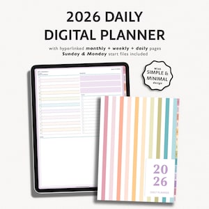 Peut inclure: Un agenda numérique 2026, présenté sur une tablette, avec une couverture à rayures colorées. L'agenda comprend des pages mensuelles, hebdomadaires et quotidiennes avec des liens hypertextes. Le design est simple et minimal. La couverture indique "2026 Daily Planner."