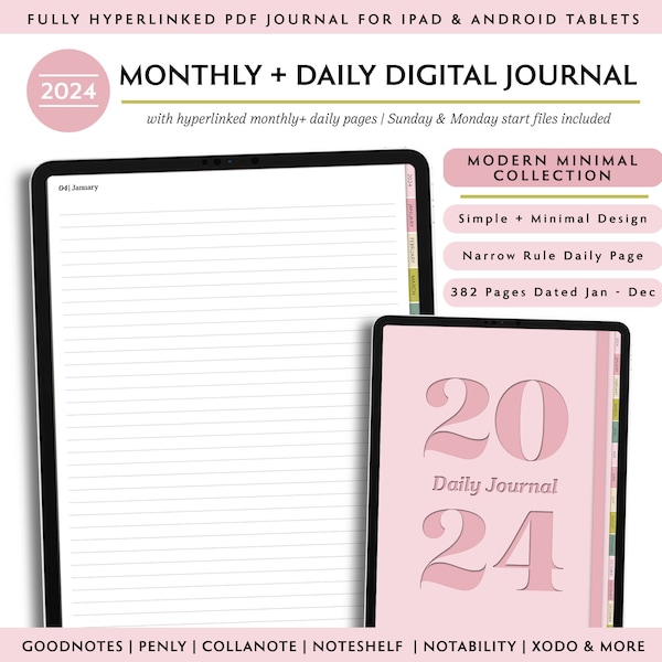 2024 Digital Daily Journal for iPad, Lined Goodnotes Journal, Page a Day Journal, iPad Journal, Notability Journal, 365 Daily Dated Journal