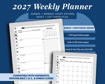 2027 Weekly Digital Planner for Supernote: Minimalist Weekly Monthly Agenda (PDF Calendar Download)