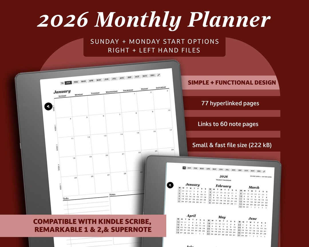 2026 Kindle Scribe Planner: Minimalist Monthly Digital Calendar (PDF ...