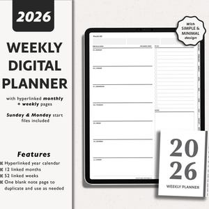 Könnte beinhalten: Digitaler Wochenplaner für 2026 mit minimalistischem Design. Er enthält hyperverlinkte Monats- und Wochenseiten, mit Startdateien für Sonntag und Montag. Zu den Funktionen gehören ein hyperverlinkter Jahreskalender, 12 verknüpfte Monate und 52 verknüpfte Wochen.