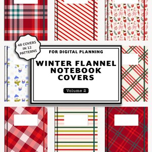 May include: A set of 48 digital planner covers featuring winter flannel patterns. The covers are designed for Goodnotes, Penly, Collanote, Noteshelf, and other digital note-taking apps. The patterns include red and white plaid, red and white stripes, and a Christmas-themed pattern with presents, bows, and holly.