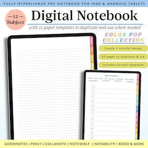 May include: A digital notebook with a colorful cover featuring the text "COLOR POP COLLECTION". The notebook has 37 pages and includes Cornell templates. The notebook is compatible with Goodnotes, Penly, Collanote, Noteshelf, Notability, Xodo, and more.