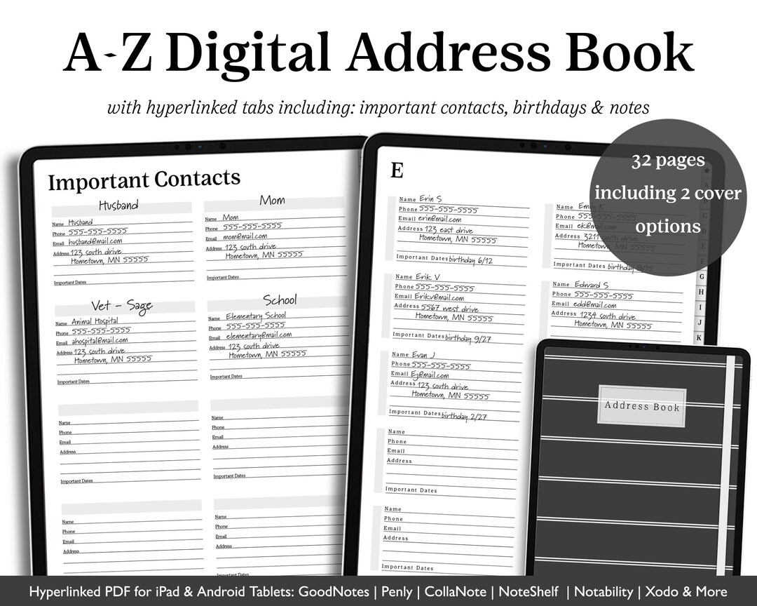 Digital Contact Book for Goodnotes, AZ Digital Address Book, Phone