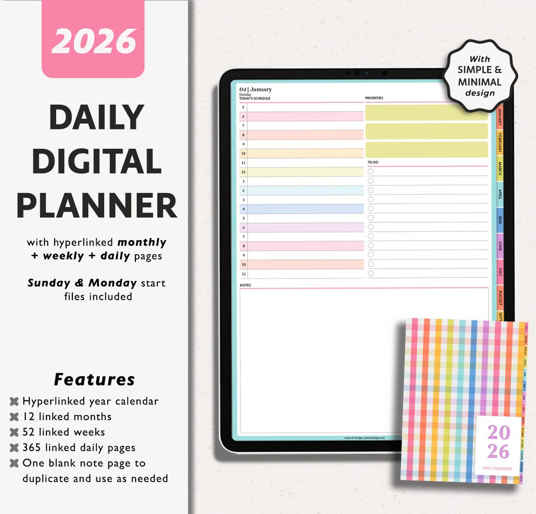 2026 Daily Digital Planner, Minimalist Rainbow Tabs (PDF) - Etsy