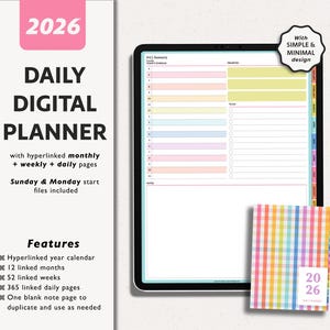Op de afbeelding: Een digitale planner voor 2026 op een tablet, met een dagelijkse lay-out met kleurgecodeerde secties. De afbeelding bevat een klein, kleurrijk, geruit notitieboekje en de tekst "DAILY DIGITAL PLANNER".