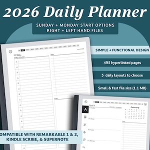 May include: A digital 2026 daily planner on a tablet. It has a simple, functional design with Sunday or Monday start options, right and left-hand files, and 495 hyperlinked pages. Compatible with Remarkable 1 & 2, Kindle Scribe, & Supernote.