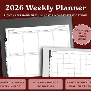 Peut inclure: Un planificateur hebdomadaire numérique 2026 affiché sur une tablette, avec un design blanc et gris. Le planificateur comprend des options pour les fichiers main droite et gauche, et des options de démarrage dimanche et lundi. L'image montre également une vue du calendrier mensuel. Le texte de l'image dit "Compatible avec Kindle Scribe."