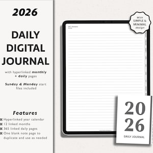 Op de afbeelding: Een digitaal dagboek voor 2026 met een eenvoudig ontwerp. Het dagboek bevat een hypergekoppelde jaarkalender, 12 gekoppelde maanden, 365 dagelijkse pagina's en een lege notitiepagina. De tekst op het dagboek luidt "DAILY DIGITAL JOURNAL".