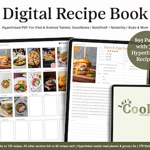 以下が含まれることがあります： 緑と白の表紙のデジタルレシピブック。表紙には「Let's Cook Something Tasty」というテキストとハンバーガーの写真が掲載されています。この本は895ページあり、780のハイパーリンク付きレシピが含まれています。この本は、iPadとAndroidタブレットでの使用を目的として設計されています。