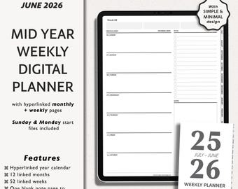 2025-2026 Mid Year Weekly Digital Planner: Minimalist GoodNotes iPad Agenda (PDF)