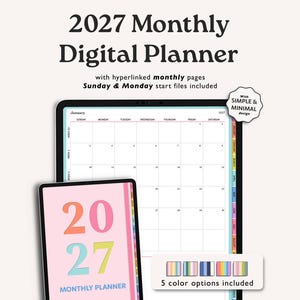 May include: A 2027 monthly digital planner displayed on two tablet screens. The larger screen shows a January calendar grid, while the smaller screen features a pink cover with the text 2027 MONTHLY PLANNER. Includes five color options.