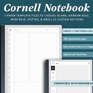 Cornell Notebook Compatible with  Remarkable 2, Notebook Bundle, Blank Notebook Lined Dotted Grid Notebook, Digital Notebook E Ink Tablets