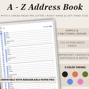 May include: A digital address book for the Remarkable Paper Pro tablet. The book has 142 pages and is organized alphabetically. It features a simple and functional design with five color themes.