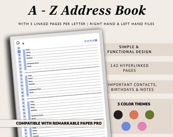 Libreta de direcciones digital para reMarkable Paper Pro: PDF con hipervínculos A-Z