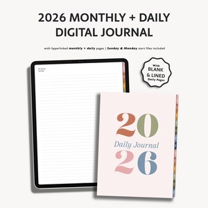 Peut inclure: Un journal numérique avec le texte "2026 Monthly + Daily Digital Journal". Le journal comprend une tablette avec des pages lignées et un journal à couverture souple avec les chiffres "20" et "26" en orange, vert et bleu. Le journal comprend également le texte "Daily Journal."