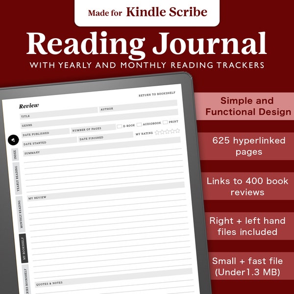 Digital Reading Journal for Kindle Scribe, E-Ink Book Journal, Book Review Template, Book Log, Reading Tracker, Kindle Scribe Template