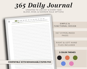 Könnte beinhalten: Ein digitales 365 Daily Journal mit einem einfachen und funktionalen Design. Das Journal ist undatiert und bietet leere, breite und schmale Regeloptionen. Es enthält 367 Hyperlink-Seiten und Dateien für rechte und linke Hand.