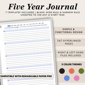 May include: A digital planner for a five year journal with 7 templates, including blank, wide rule, and narrow rule. The planner is compatible with the Remarkable Paper Pro and has 367 hyperlinked pages. The planner is undated so it can be used for any year. The image shows a sample page with a calendar for January through December. The planner is available in 5 color themes.