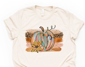 Fall Pumpkin Shirt, Beautiful Watercolor Pumpkin and Brush Strokes Design on premium Bella + Canvas unisex shirt, 3 color choices, plus size